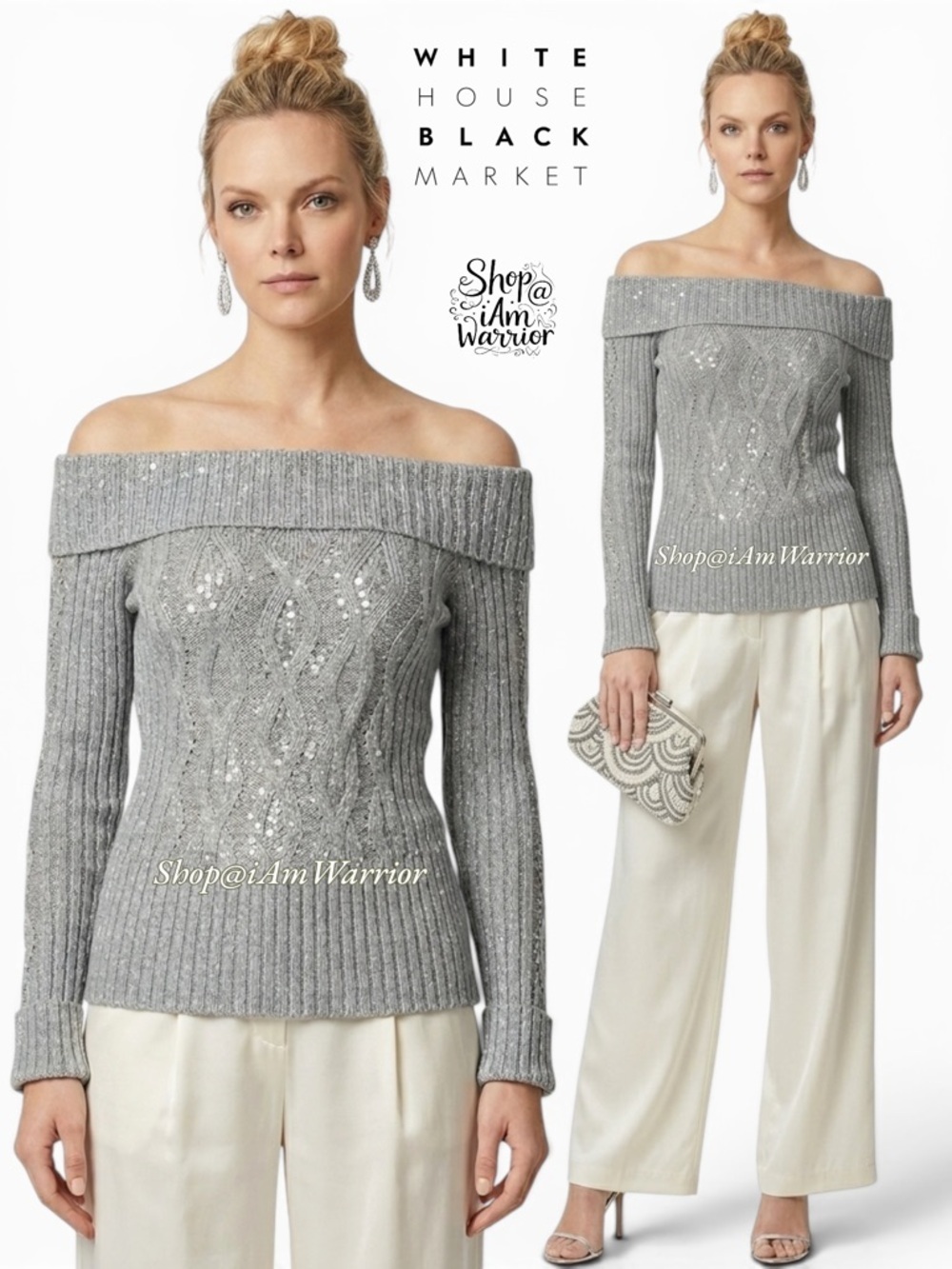 WHBM lurex sequin cable off the shoulder sweater *shop@iamwarrior